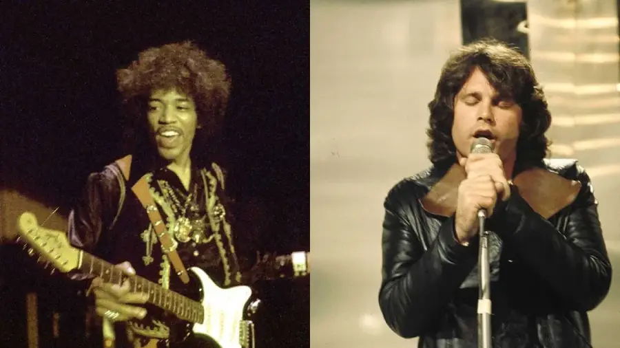 A split image shows a guitarist with an afro playing an electric guitar on the left, and a man with long hair singing into a microphone in a leather jacket on the right.