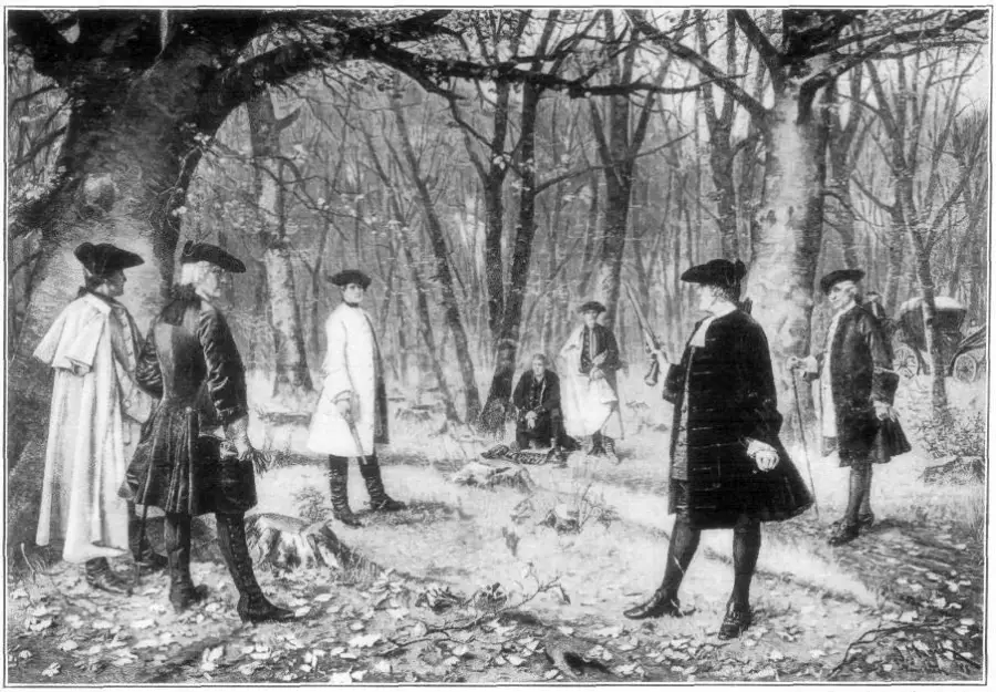 Several men in 18th-century clothing stand in a wooded area, two facing each other at a distance as if preparing for a duel, while others observe. The scene is somber and set among bare trees.