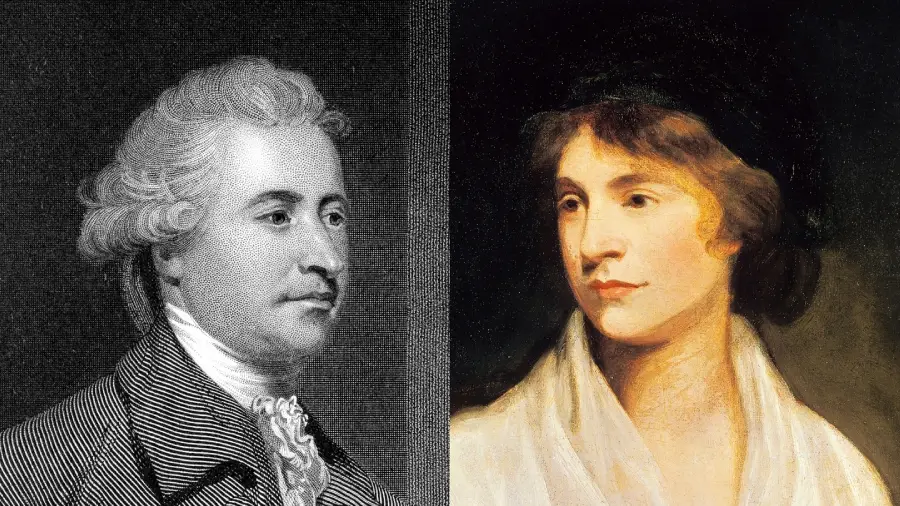 Split image: on the left, a grayscale drawing of a man in 18th-century attire; on the right, a painted portrait of a woman with short brown hair, wearing a white garment and dark hat, both facing forward.