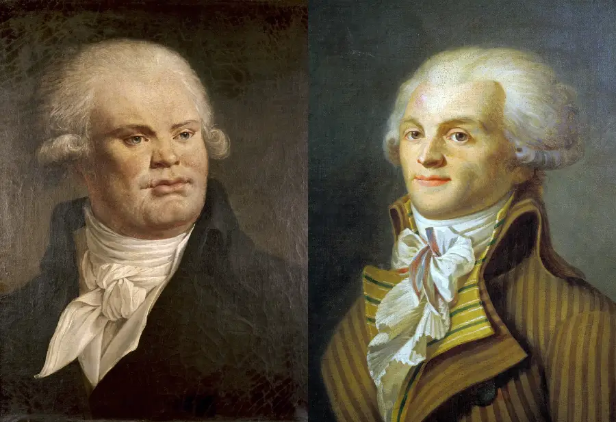 Two painted portraits of men from the 18th century, both with powdered white hair, wearing high-collared coats and white cravats, facing forward against dark backgrounds.