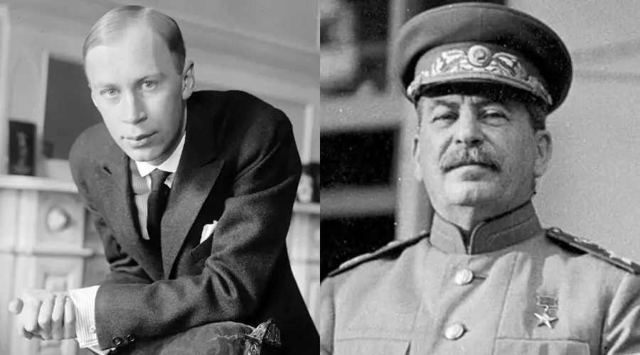 A black-and-white split image showing a man in a suit on the left, seated and leaning forward, and a uniformed man with a mustache and military cap on the right.