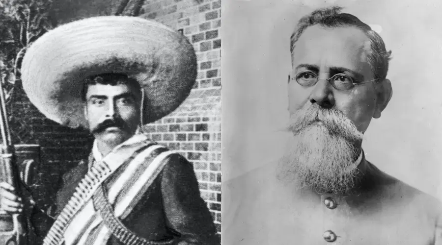 Black-and-white portraits of two men: on the left, a man with a large sombrero and ammunition bandoliers; on the right, an older man with glasses and a long, full white beard wearing a suit.