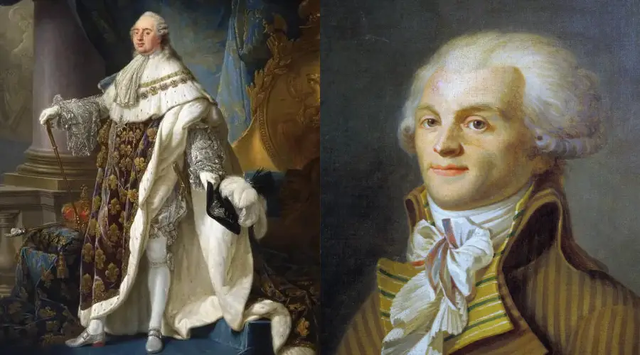 On the left, a man in elaborate royal attire stands with a crown and scepter. On the right, a man in 18th-century clothing with a white wig and cravat is shown in a portrait.