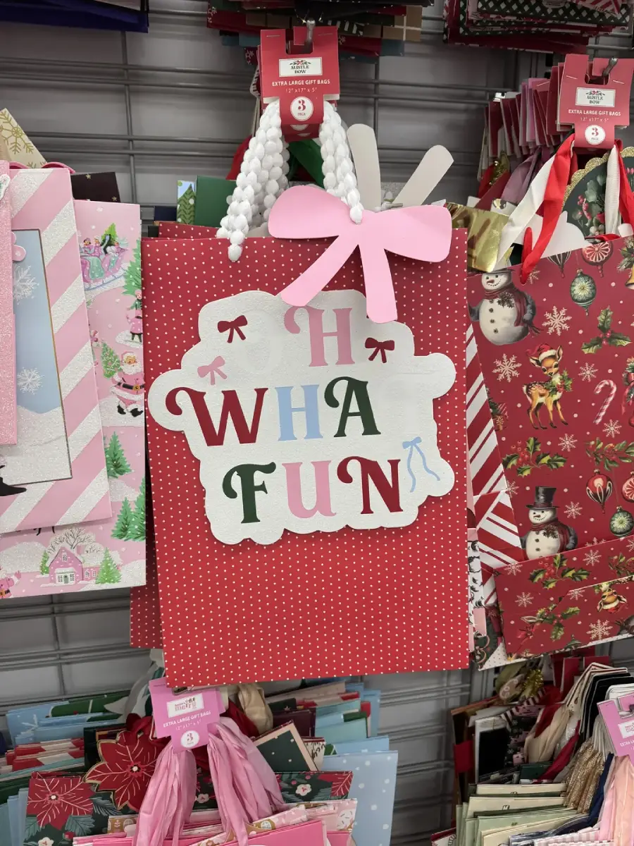 A red polka dot gift bag with a pink bow and white handle, displaying the text "H WHA FUN" in colorful letters, hangs among other festive gift bags on a store display.