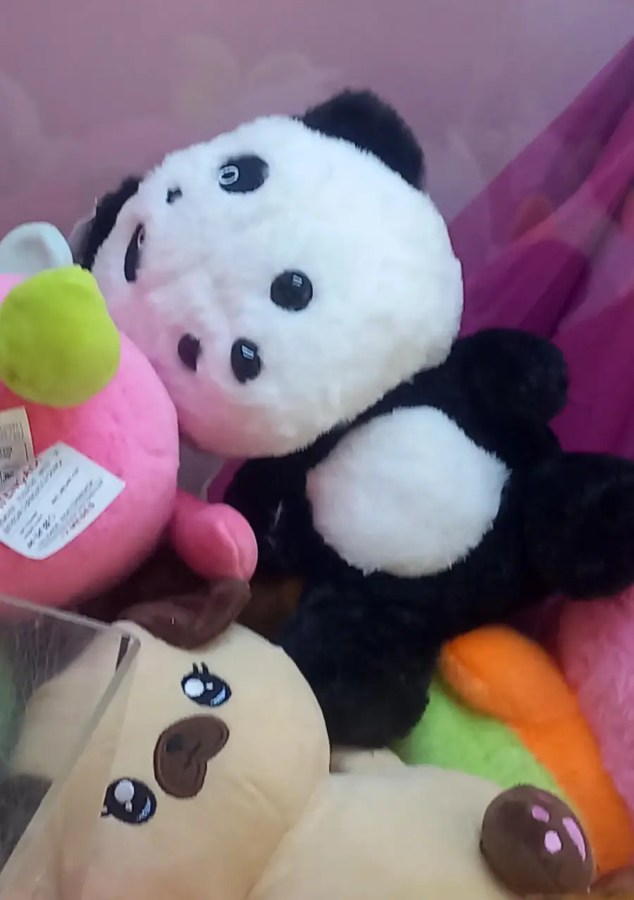 A claw machine filled with plush toys, including a large black and white panda stuffed animal, a pink toy with a green stem, and a beige animal plush with a heart-shaped nose.
