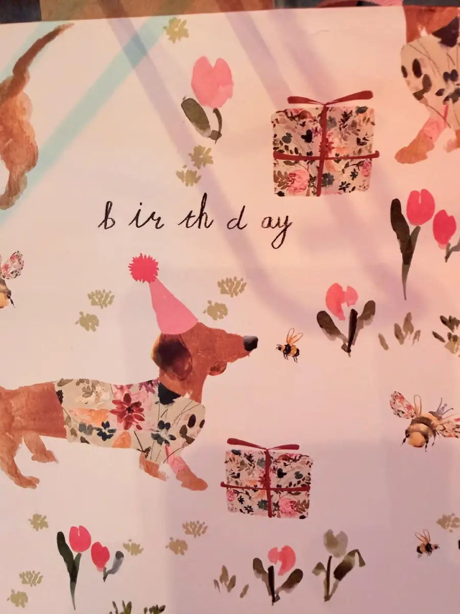 A whimsical birthday card featuring dachshunds in floral patterns, one wearing a pink party hat. There are pink flowers, bees, and wrapped presents scattered across a white background. The text reads "birthday" with some letters missing.