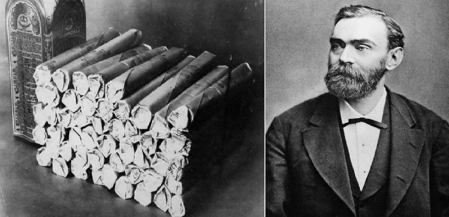Black and white image split in two: on the left, several sticks of dynamite and a container; on the right, a man with a beard in a suit, looking to the side.