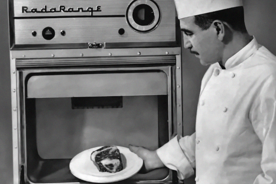A chef in a white uniform places a plate of food into a vintage RadaRange microwave oven. The scene appears to be from the mid-20th century, showing early microwave technology.