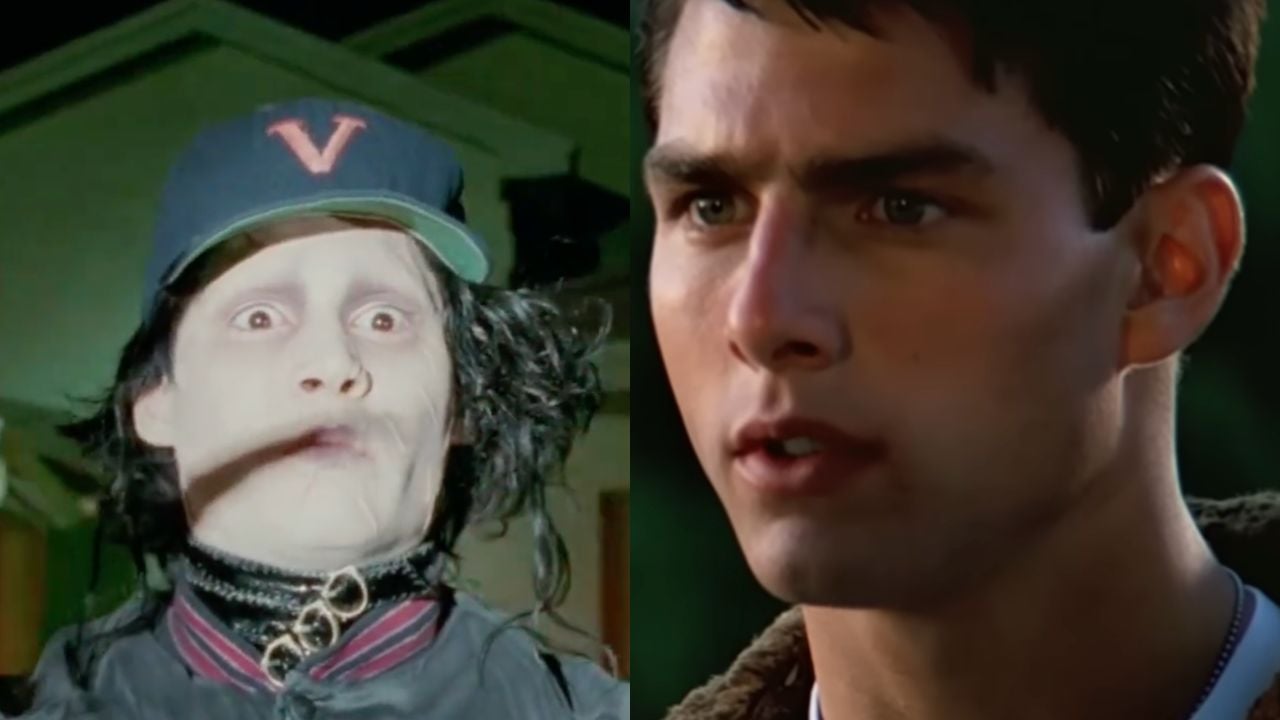 Split image: Left side shows a pale person with dark hair, a cap, and intense makeup. Right side shows a young man with short dark hair, looking serious outdoors.