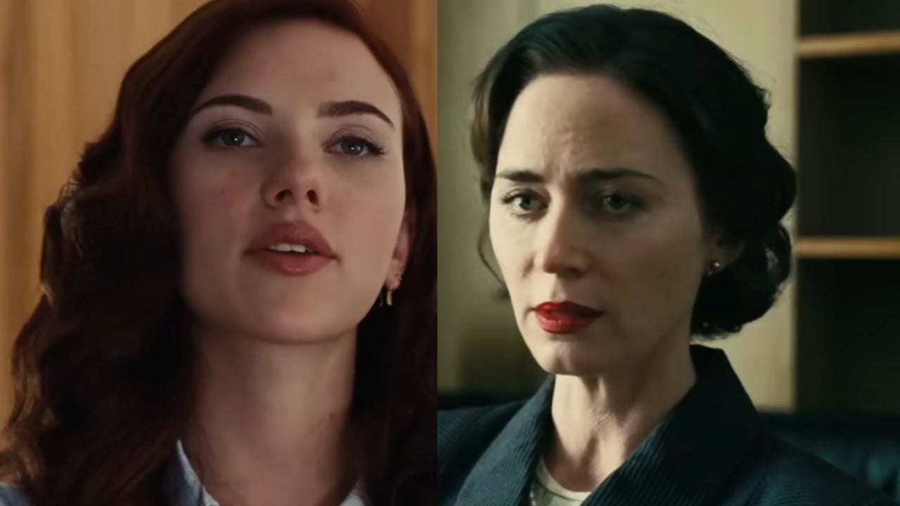 A split-screen image shows two women with serious expressions, one with wavy auburn hair and earrings on the left, and one with dark hair in a bun and red lipstick on the right, both in indoor settings.