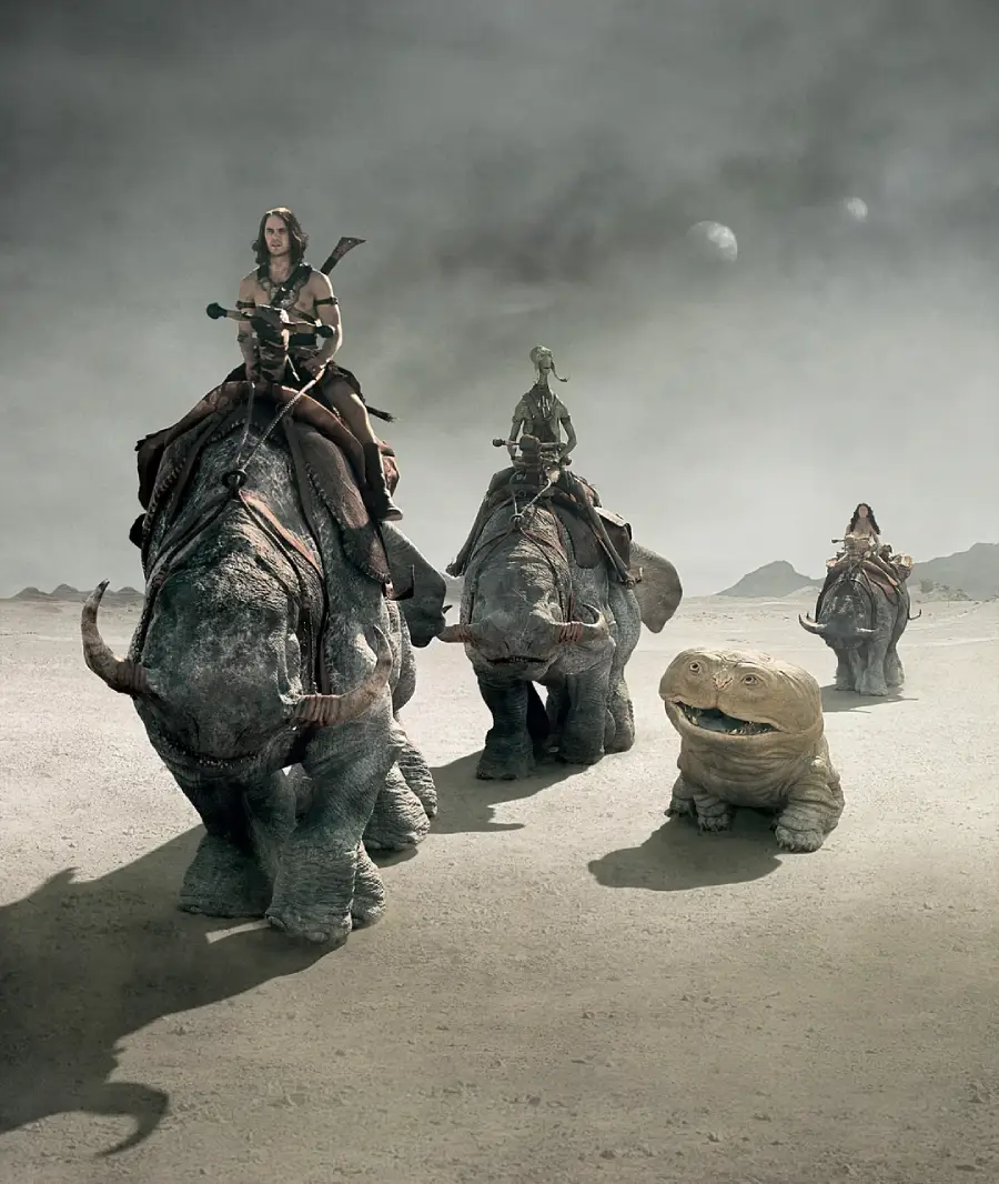 Four armored figures ride large, alien, rhinoceros-like creatures across a barren, dusty landscape under a hazy sky with three moons visible in the distance.