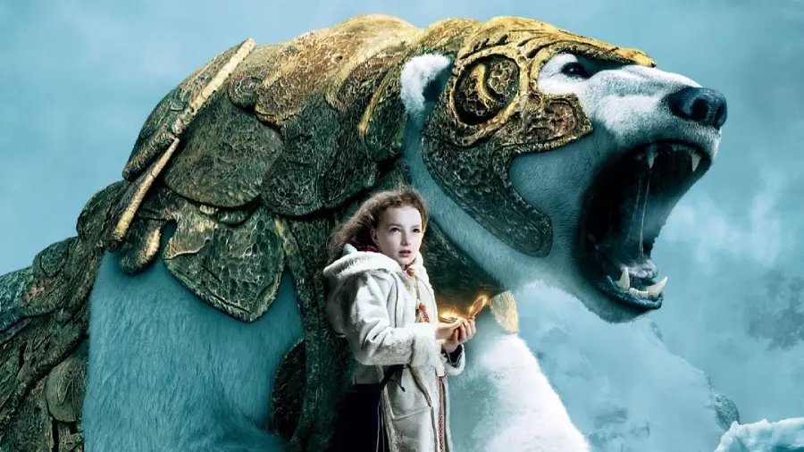 A young girl in a fur coat holds a glowing object and stands in front of a large armored polar bear roaring against a snowy, icy backdrop.