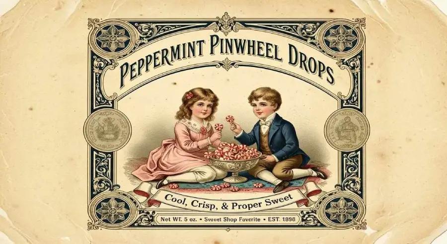 Vintage label featuring a young girl and boy seated, sharing peppermint candies from a large bowl. Decorative border reads "Peppermint Pinwheel Drops" and "Cool, Crisp, & Proper Sweet." Antique, ornate design.