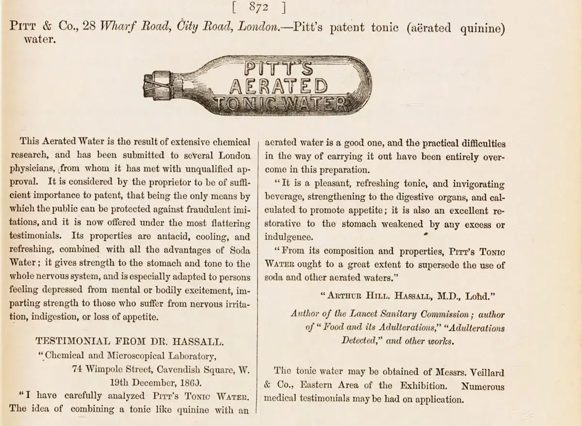 A vintage advertisement for Pitt's Aerated Tonic Water features a bottle illustration and text describing its benefits, endorsements by physicians, and a testimonial highlighting its refreshing and invigorating properties.