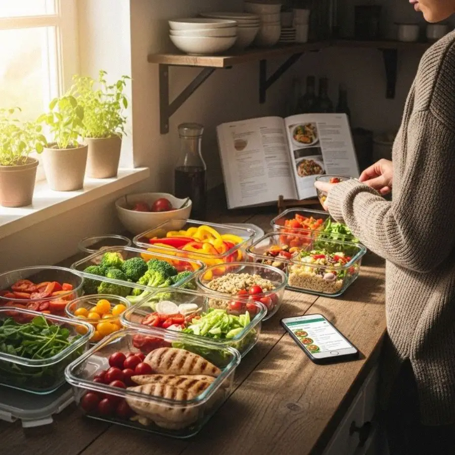 A person stands at a kitchen counter filled with containers of colorful meal-prepped food, including grilled chicken, vegetables, and grains. An open cookbook and a smartphone are nearby, with sunlight streaming through the window.