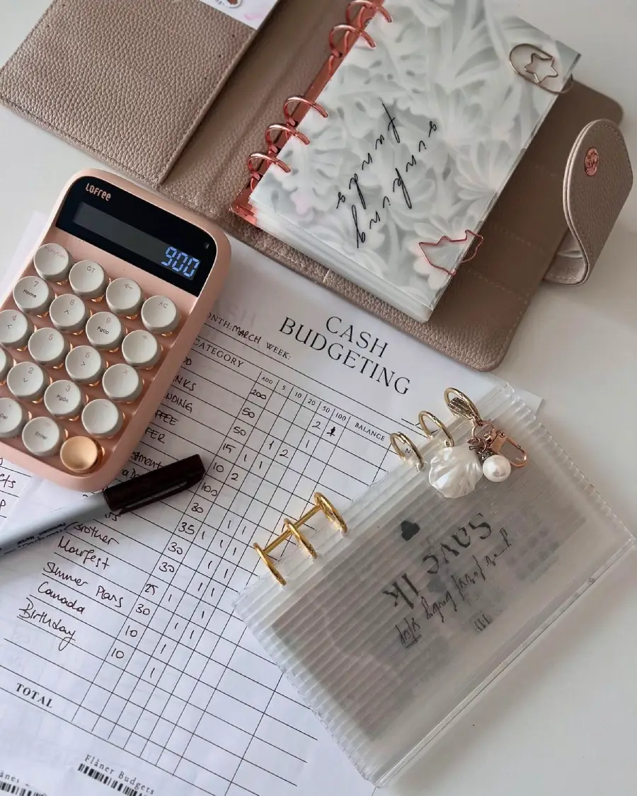 A budgeting setup with a calculator, a pen, a decorative planner, a cash envelope, and a filled-out cash budgeting sheet on a white surface. Various stationery items and accessories are arranged neatly.