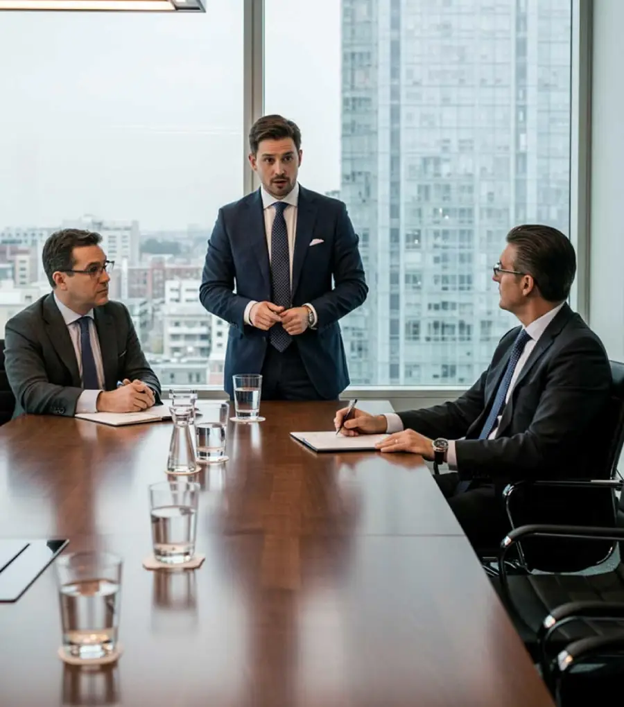Three men in business suits are having a meeting in a modern conference room with large windows and a city view. One man is standing and speaking, while the other two sit at the table with notebooks and glasses of water.
