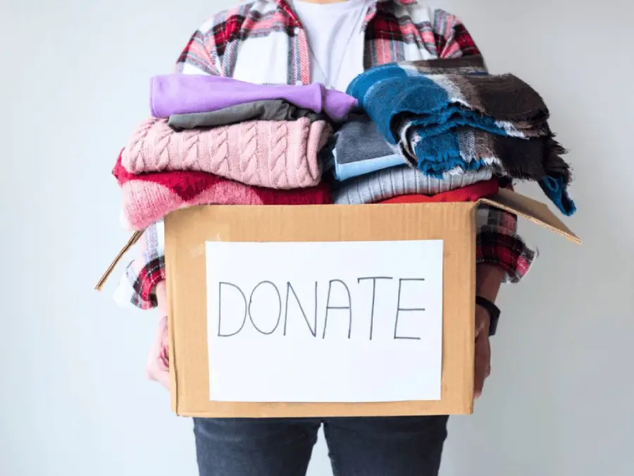 A person in a plaid shirt holds a cardboard box labeled "DONATE," filled with folded clothes, including sweaters and scarves.