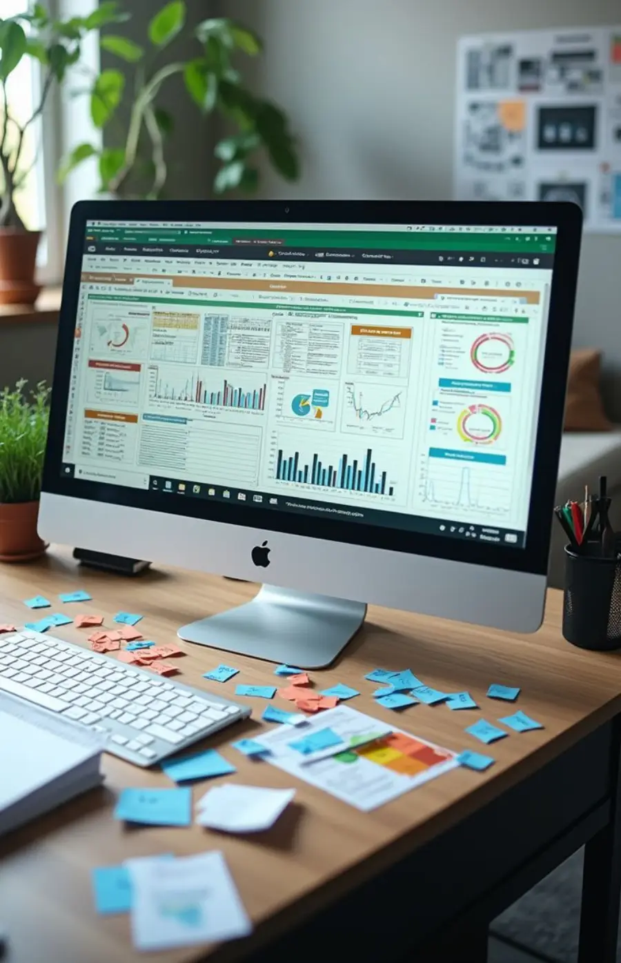 A desktop computer on a wooden desk displays colorful charts, graphs, and spreadsheets. The desk has sticky notes, papers, a keyboard, a mouse, office supplies, and a small potted plant. A leafy plant and bulletin board are in the background.