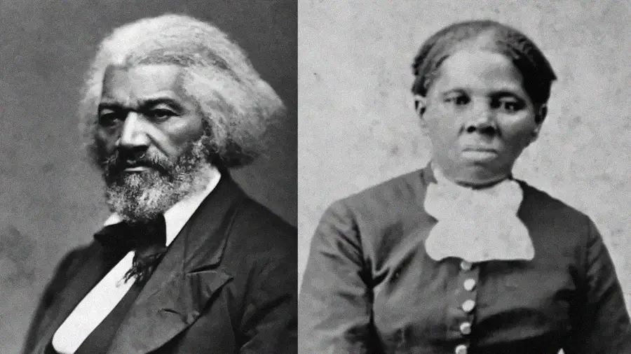 Side-by-side portraits of abolitionists Frederick Douglass and Harriet Tubman.
