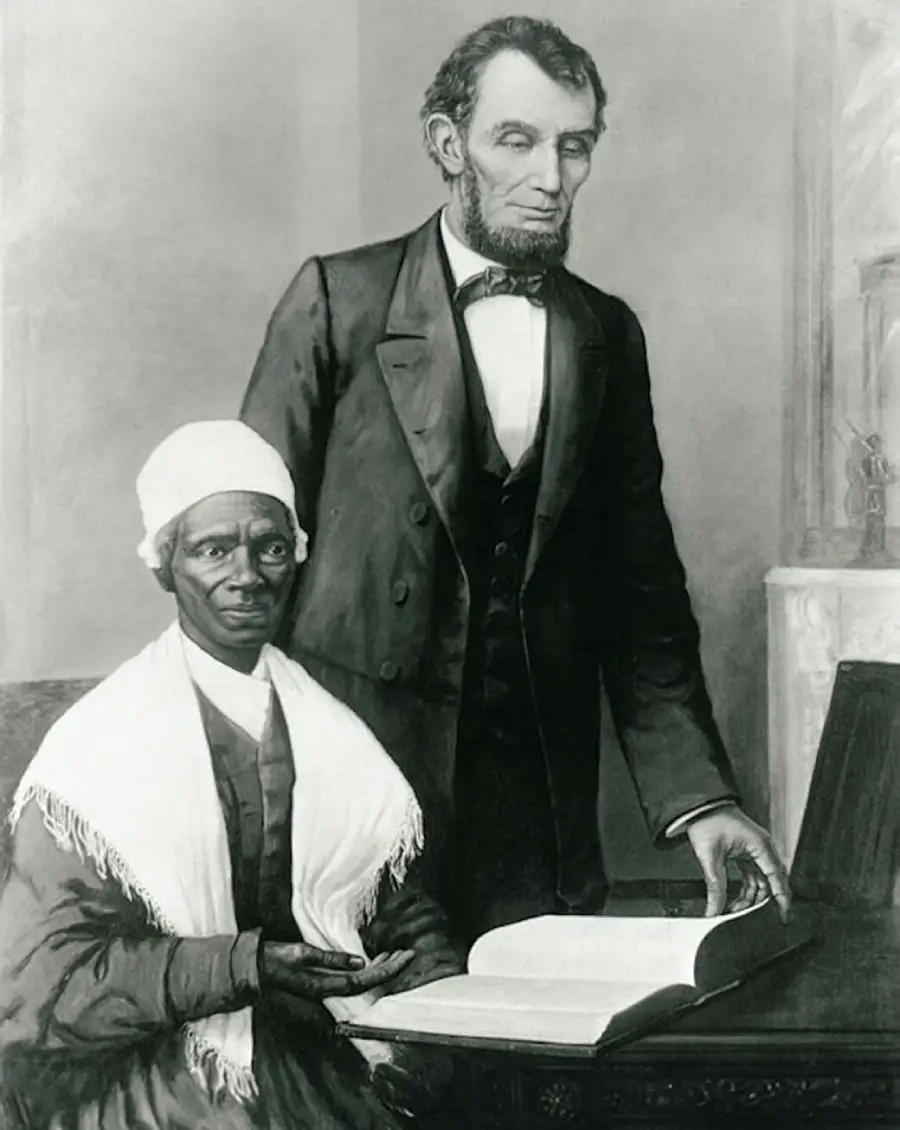 A black-and-white illustration of Abraham Lincoln standing beside Sojourner Truth, who is seated. Lincoln is holding a book on a table, and Truth is wearing a white shawl and headscarf. Both look forward.