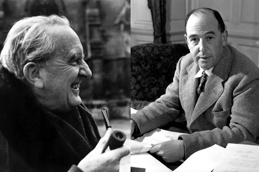 Black and white photo split in two: on the left, an older man smiles while holding a pipe; on the right, another man in a suit sits at a desk with papers, looking toward the camera.