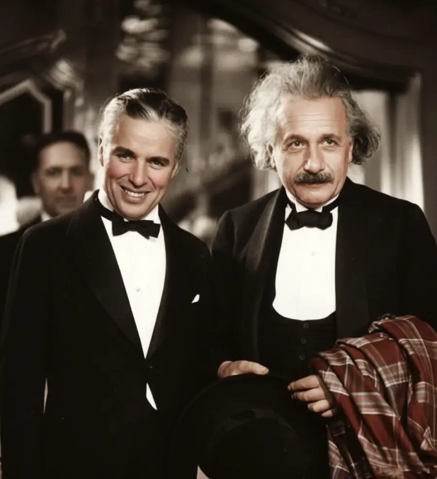 Two men in tuxedos stand side by side, smiling. One has neatly combed hair, the other has wild, white hair and a mustache, holding a hat and a plaid coat. Another man is blurred in the background.