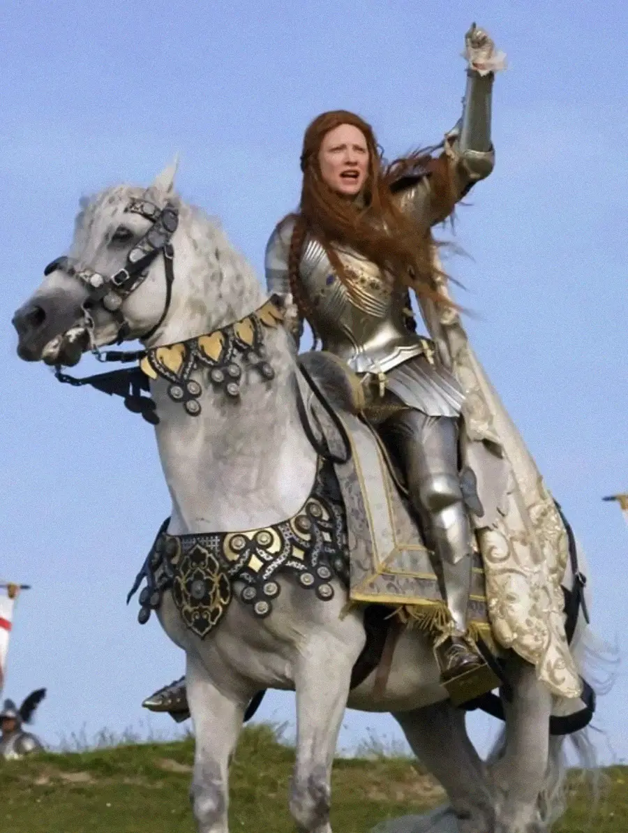 A person in ornate silver armor and a white and gold cape rides a decorated white horse, raising one arm and shouting, with banners and blue sky in the background.