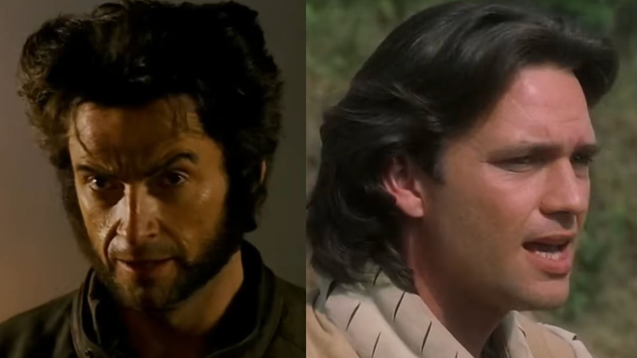 Split image: On the left, a man with thick sideburns and wild hair looks serious. On the right, a man with long dark hair and light clothing is speaking outdoors.