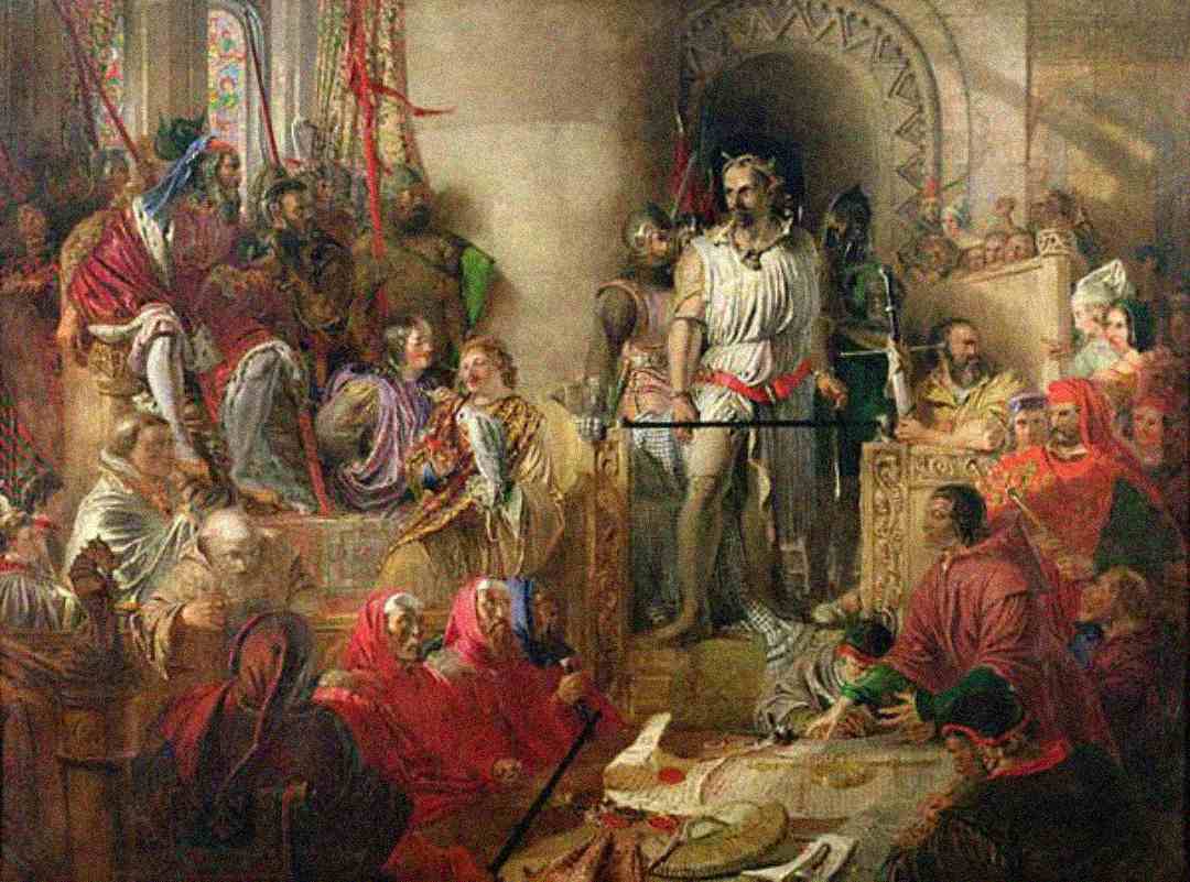A historical painting depicting a medieval courtroom scene, with a central standing figure surrounded by seated nobles, clerics in red robes, and onlookers in elaborate attire inside a grand, stone-walled hall.