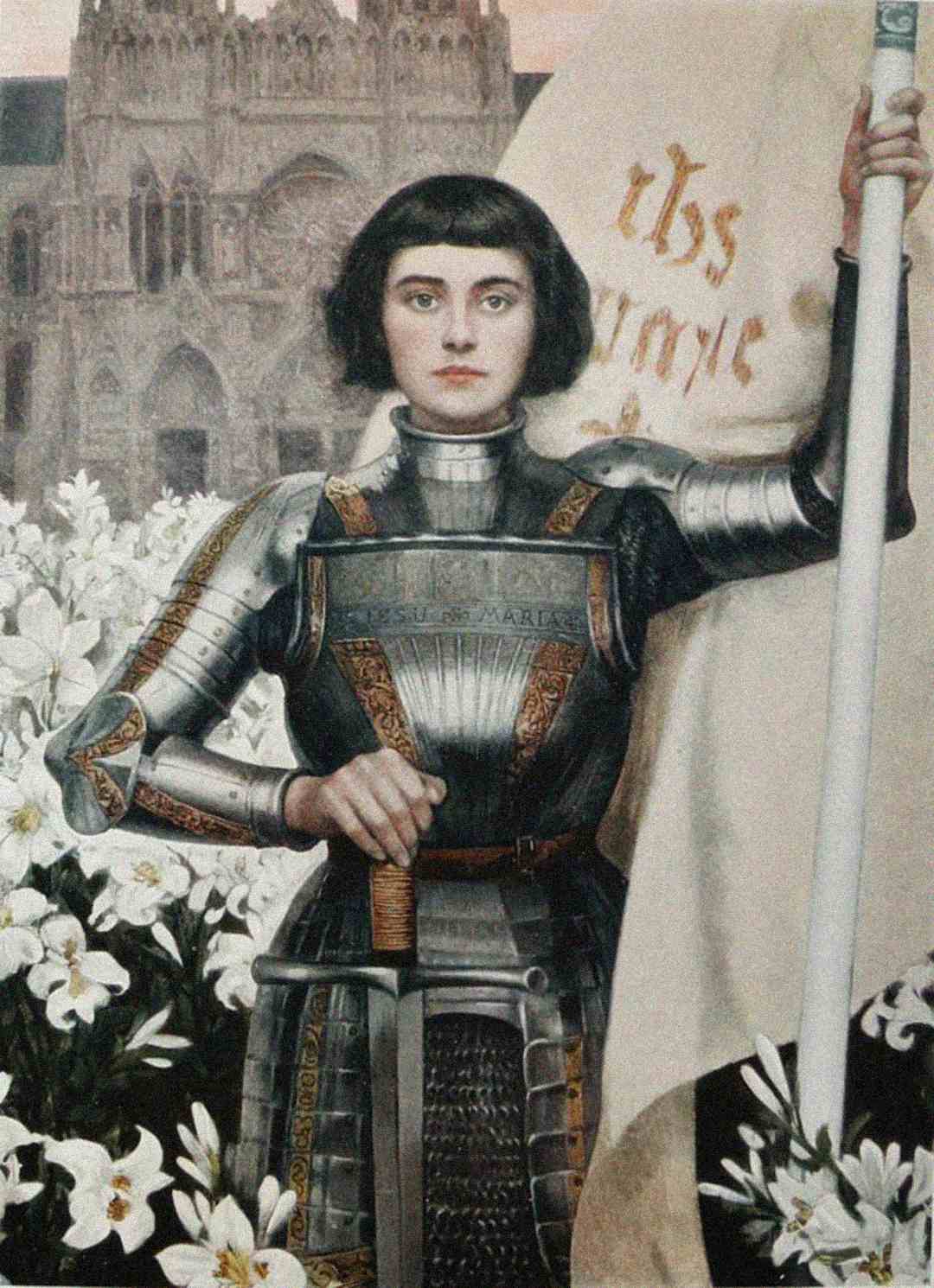 A woman in ornate medieval armor stands among white lilies, holding a large white banner. Gothic cathedral architecture is visible in the background, and she gazes forward with a serious expression.