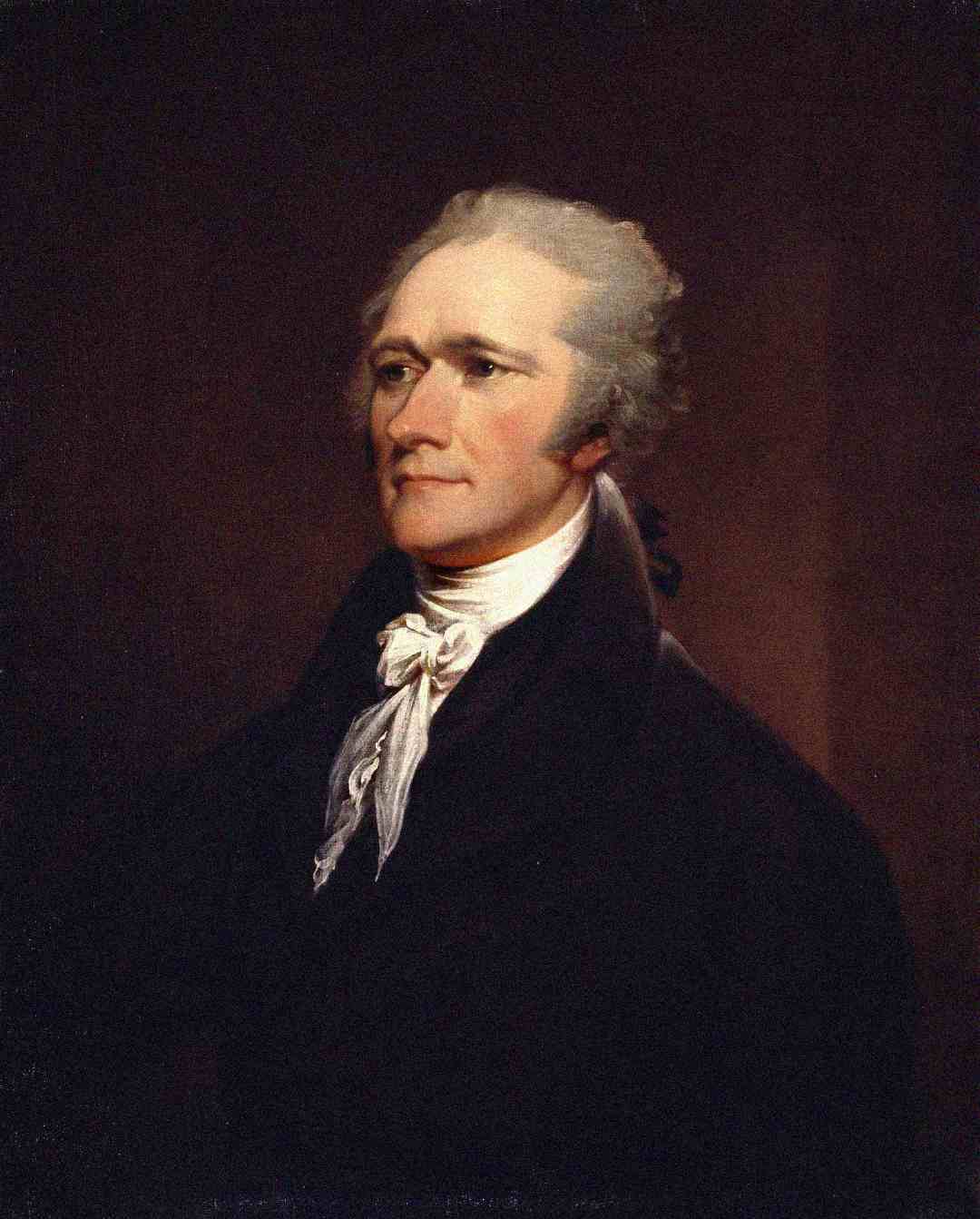 A formal portrait of a man wearing a dark coat and a white cravat, with light skin and grayish hair styled back, set against a dark, plain background.