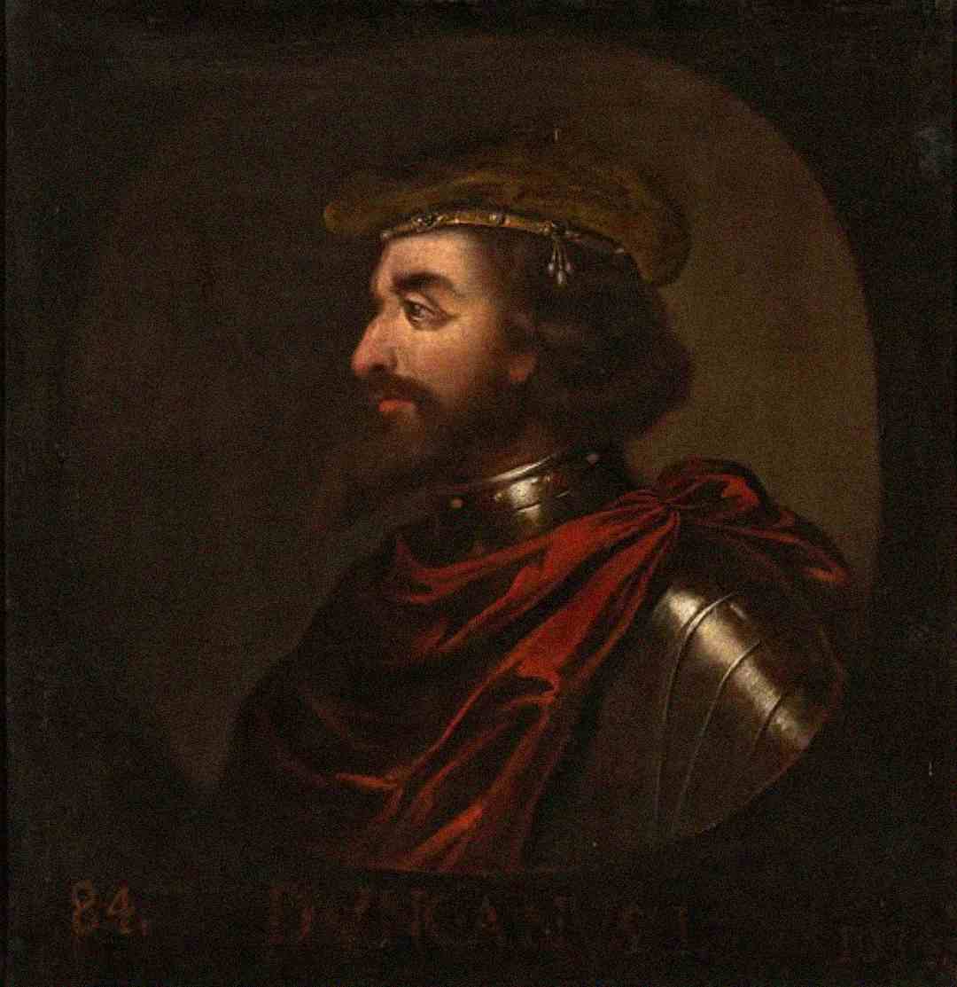 A painted portrait of a bearded man in profile, wearing a crown-like headpiece, armor, and a red cloak, set against a dark background.