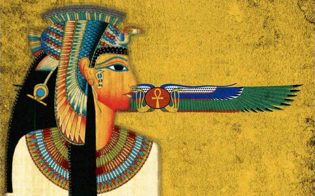 A stylized illustration of an ancient Egyptian woman in traditional attire faces right, with colorful wings and an ankh symbol extending from her mouth against a textured golden background.