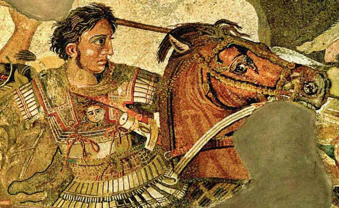 Ancient mosaic depicting a warrior in detailed armor holding a spear and riding a brown horse; the warrior looks intense, and the horse appears startled. The scene is vibrant with a sense of motion and conflict.