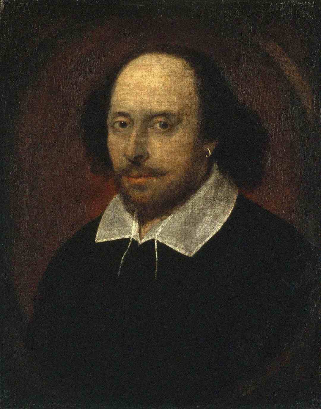 Painting of a man with a receding hairline, dark hair, and a mustache, wearing a black coat with a white collar and a small hoop earring in his left ear, set against a dark background.
