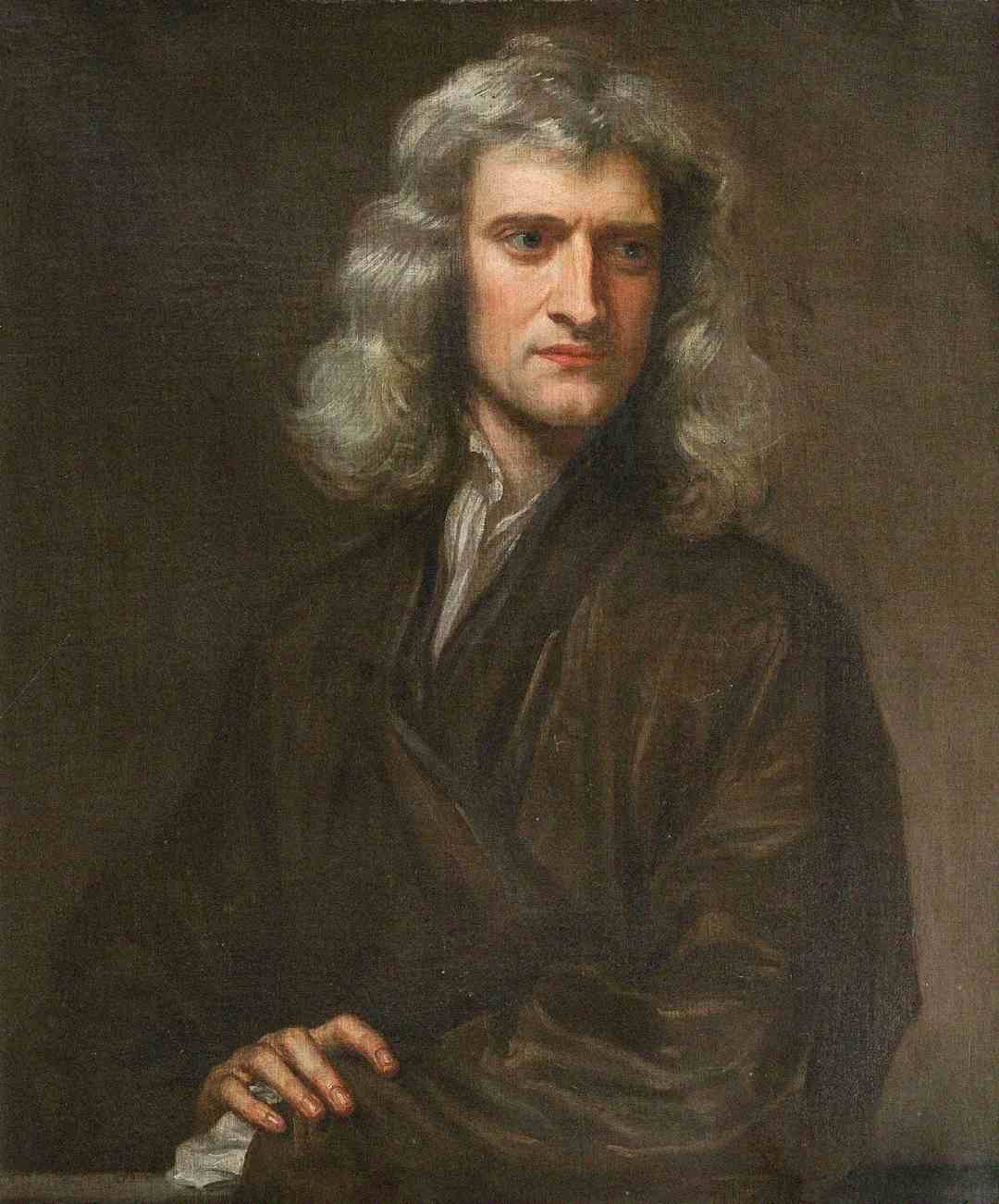 A classical oil painting of a man with long, wavy gray hair wearing a dark brown robe, gazing slightly to the right, with one hand resting on the other in front of a plain, dark background.