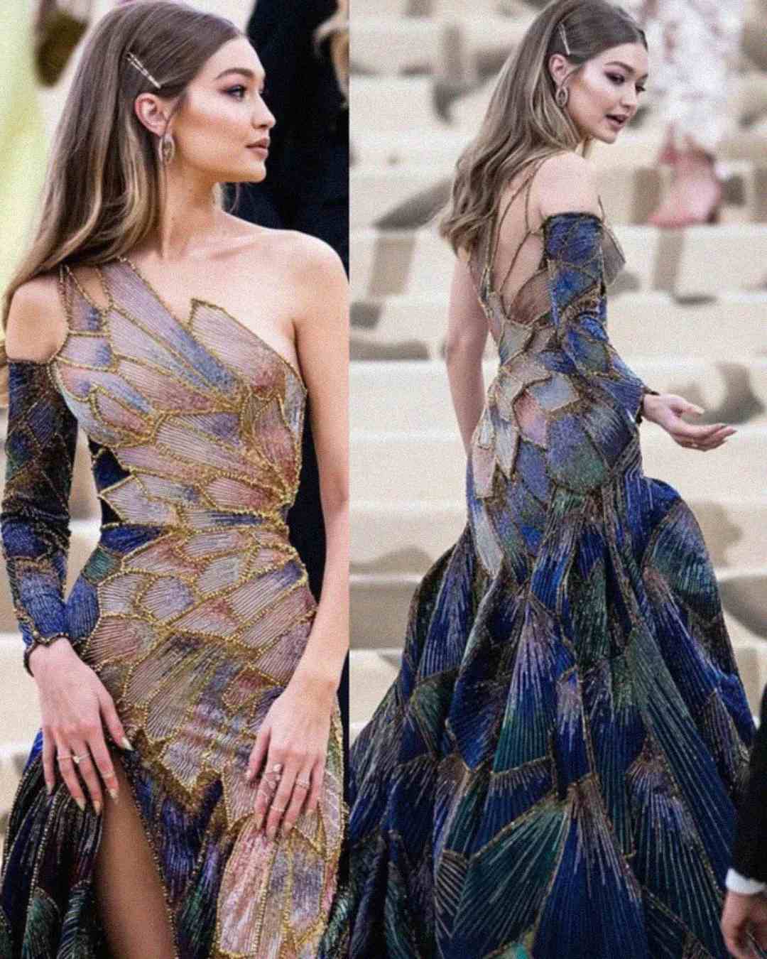 A woman with long, light brown hair wears a shimmering, asymmetrical gown with one sleeve and a high slit, featuring intricate, colorful patterns; she poses, showing the dress from the front and back.