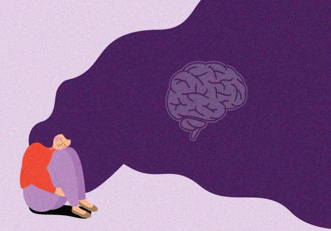 Illustration of a person sitting curled up with their head resting on their knees, a dark purple shape flows from their head and forms an image of a brain, suggesting mental health or emotional struggle.