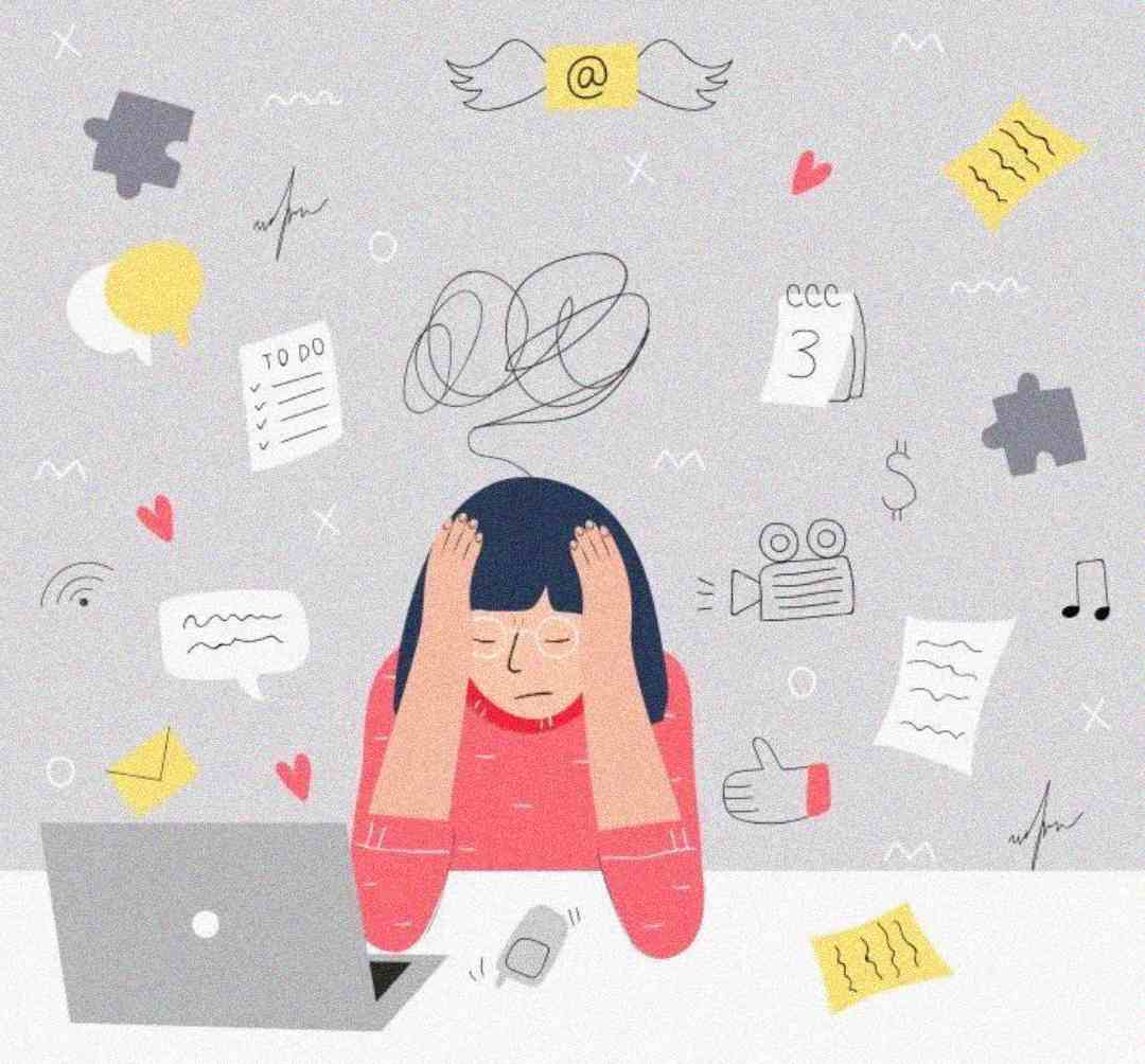 Illustration of a woman at a laptop, holding her head in frustration. Around her are floating icons like to-do lists, calendars, messages, and symbols, representing stress and information overload.