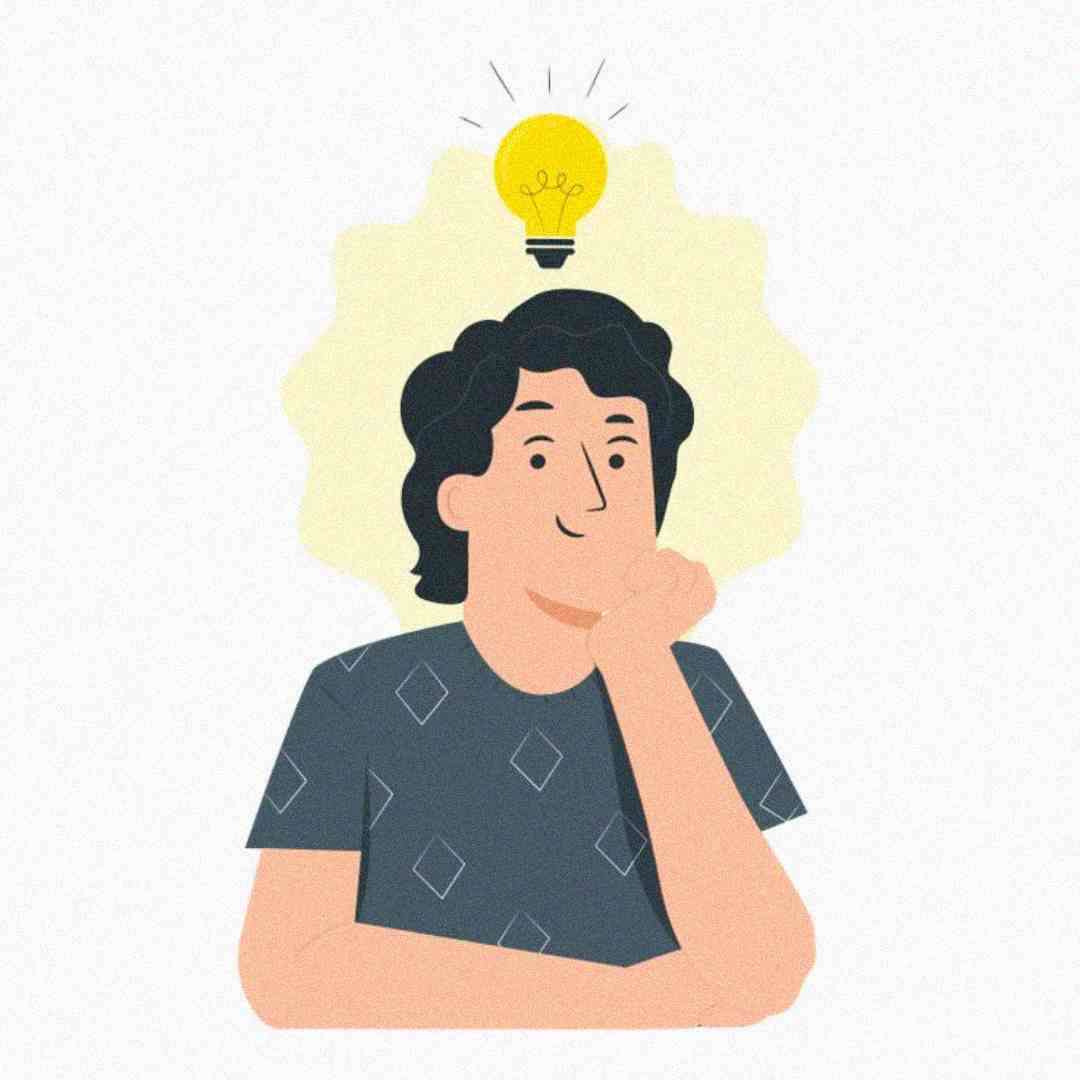 Illustration of a person with dark hair resting their chin on one hand, appearing thoughtful, with a glowing yellow light bulb above their head, symbolizing having an idea.