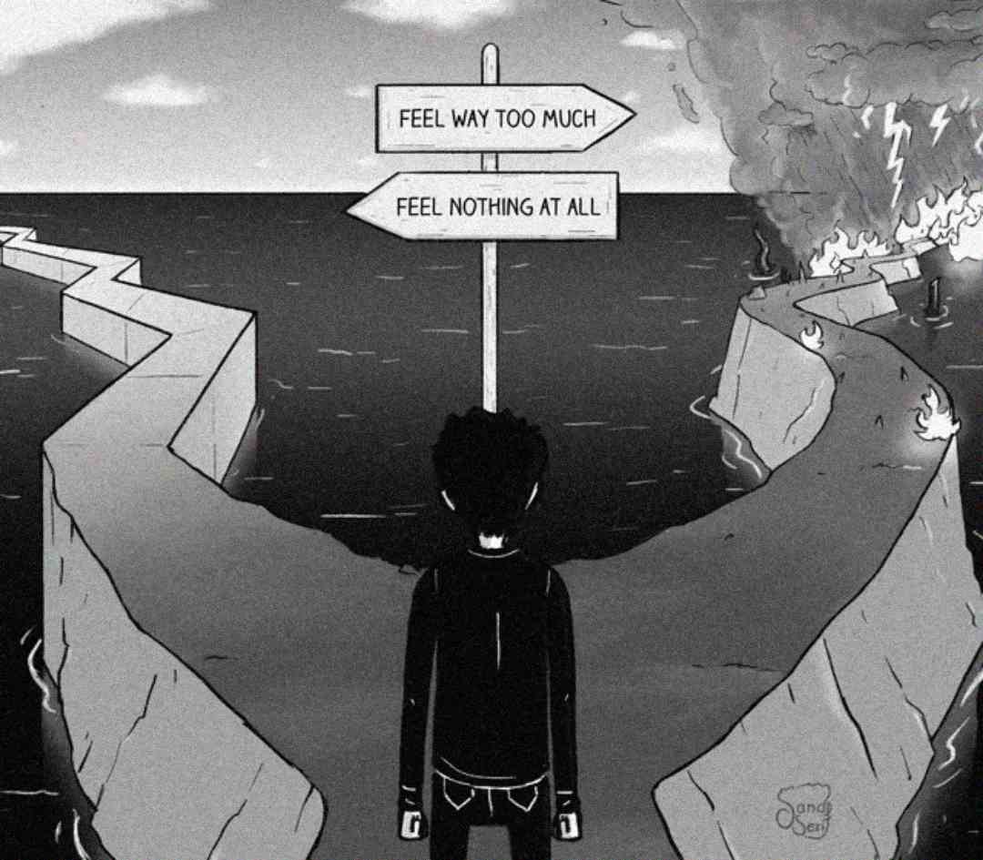 A person stands at a fork in a cracked path over water. One sign points to “Feel way too much” toward a storm and fire; the other sign, “Feel nothing at all,” points to a barren, empty path. The scene is in grayscale.