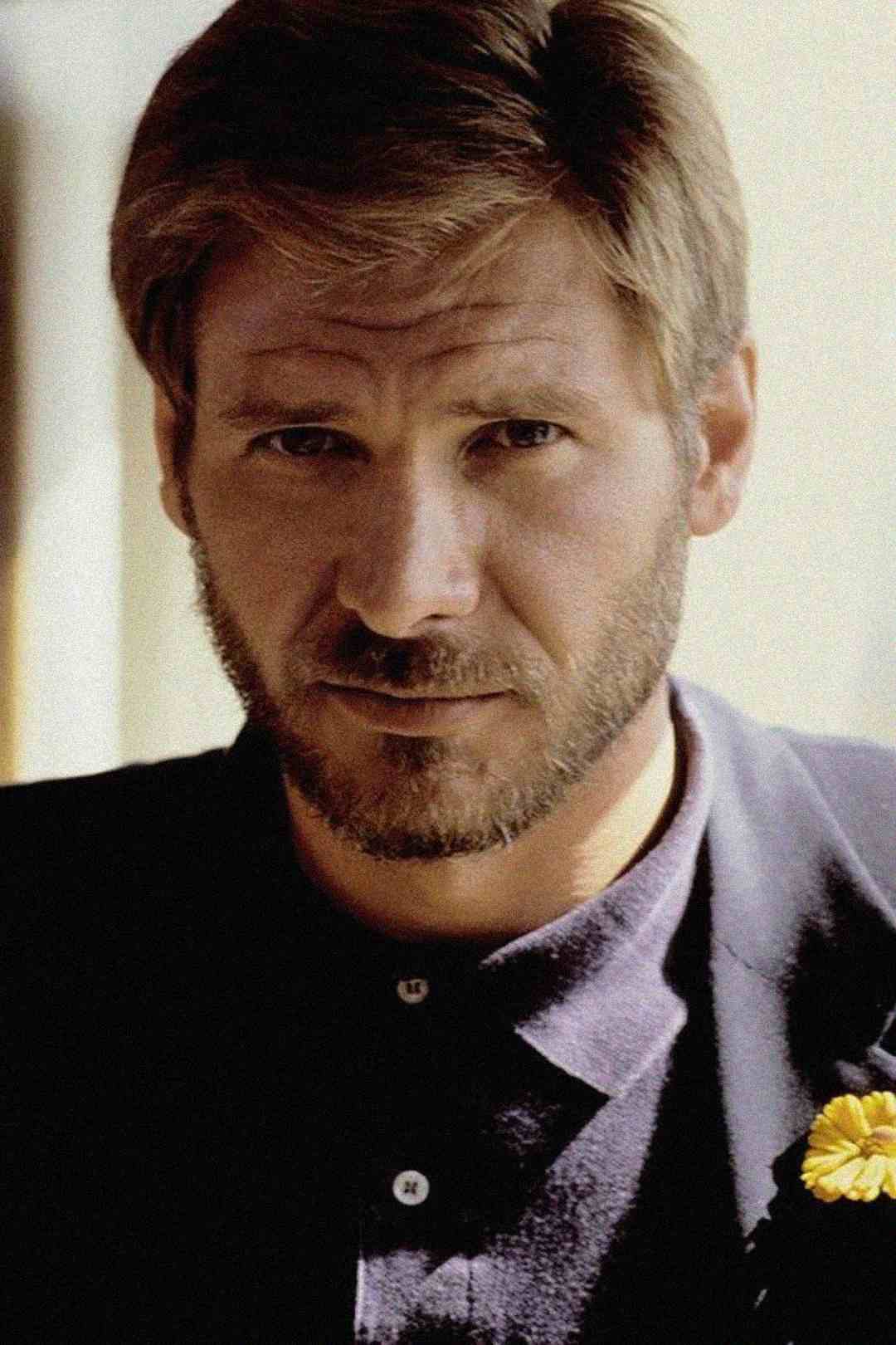 A man with short, light brown hair and a beard looks seriously at the camera, wearing a dark collared shirt and blazer with a yellow flower pinned to the lapel, in soft lighting.