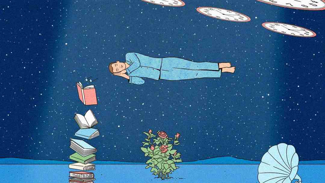 A person in pajamas floats in a starry night sky above a stack of books and a rose bush, with open clocks drifting overhead and a seashell on the ground nearby.
