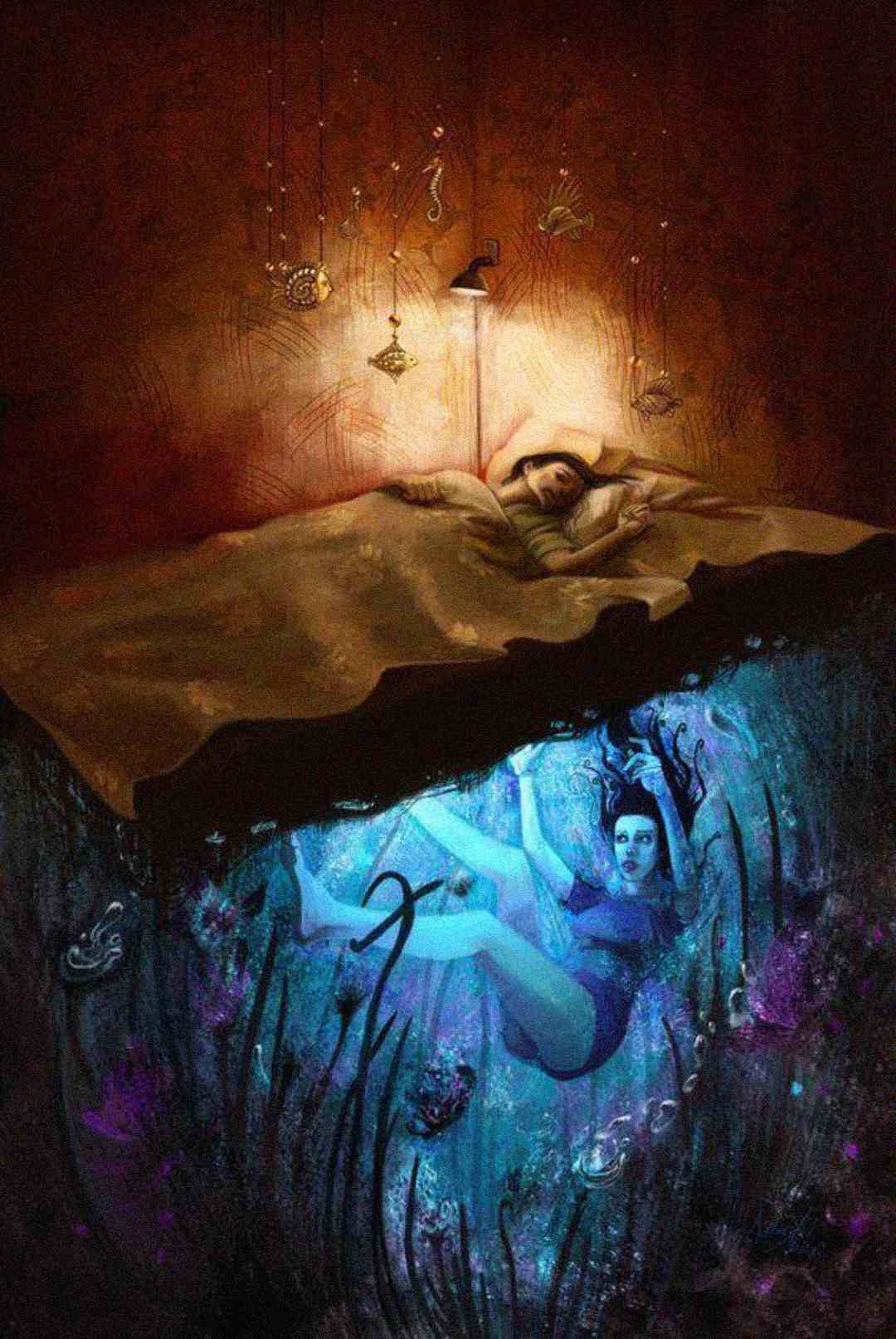 A person sleeps in bed above, while underwater below the bed, a glowing woman in a blue dress floats surrounded by aquatic plants and creatures, creating a dreamlike, surreal scene.