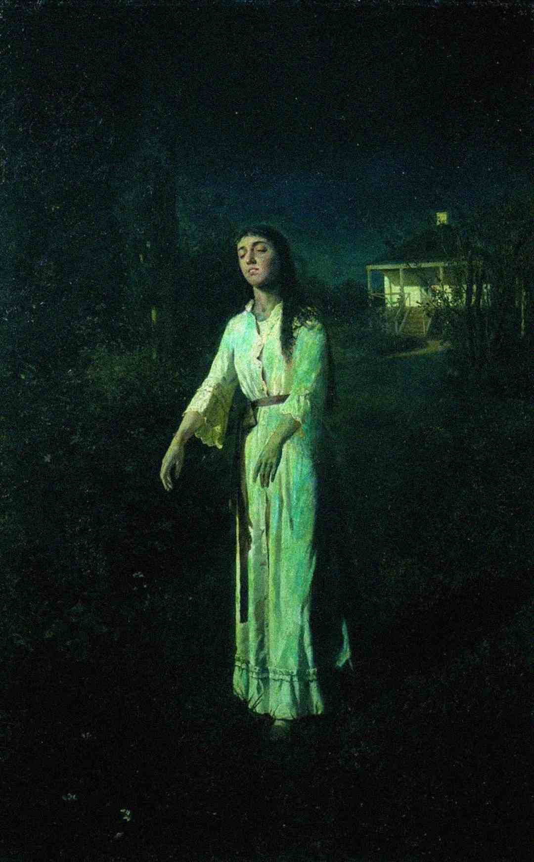 A woman in a long white nightgown walks outside at night with her eyes closed, arms slightly extended, and a house in the background, illuminated under a dark sky.