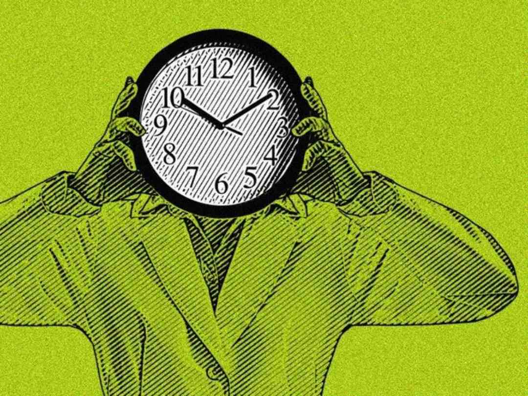 A person wearing a suit holds a large clock in front of their face, replacing their head. The background is solid lime green.