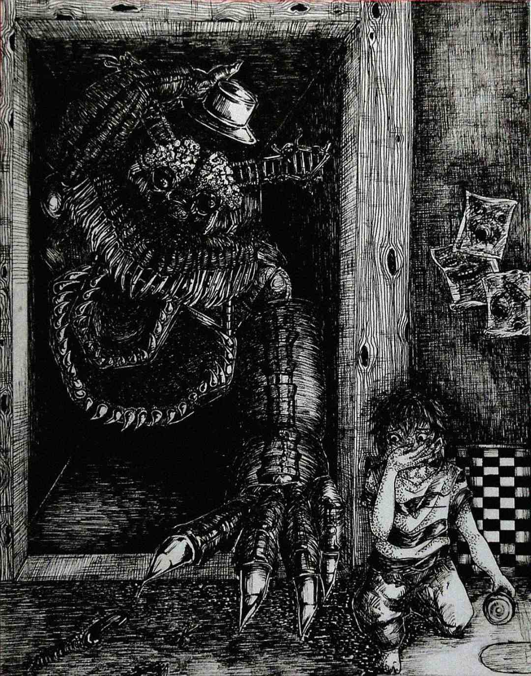 A large, menacing, mechanical creature with a hat looms from a doorway, reaching toward a frightened child standing nearby in a striped shirt, with dark, intricate shading and eerie details throughout the scene.