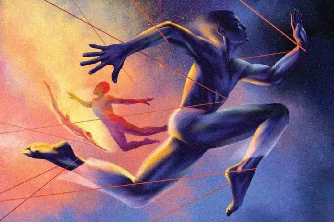 A stylized painting of two human figures running and leaping through a space filled with red strings and colorful mist, one figure in the foreground and one in the background, both dynamically posed.