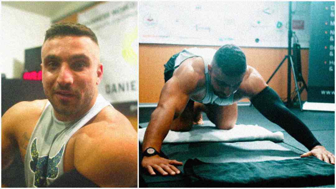 A muscular man in a sleeveless top appears in two photos: on the left, he looks at the camera; on the right, he stretches forward on a mat, one arm extended, in a gym setting.